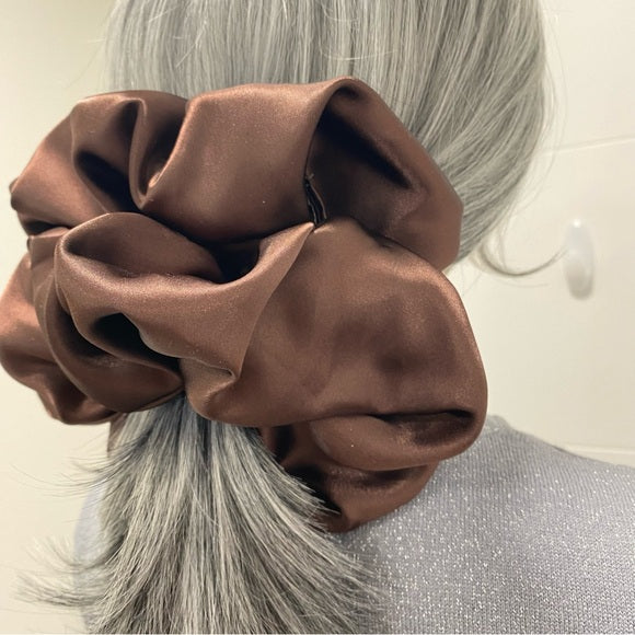 Poly Satin Hair Scrunchie. Dark Brown. XL.