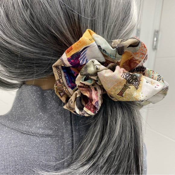 Foreign Currency Print Hair Scrunchie. Multicolor. Medium