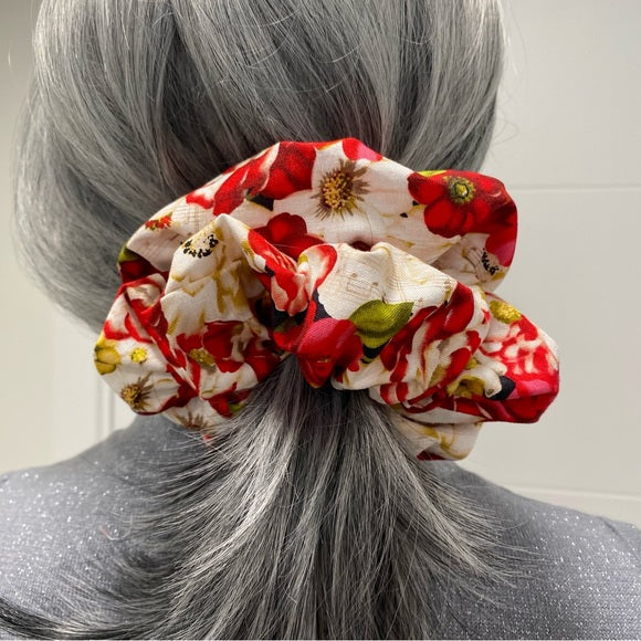 Medium Red Floral Cotton Scrunchie – 100% Cotton Hair Accessory for Ponytails & Buns