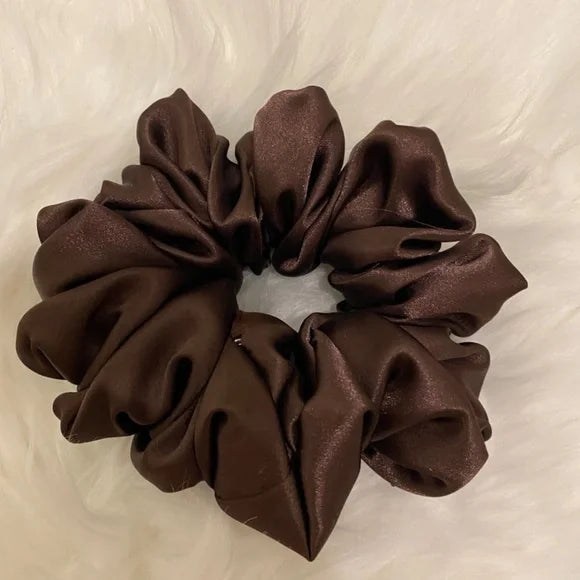 Poly Satin Hair Scrunchie. Dark Brown. Medium