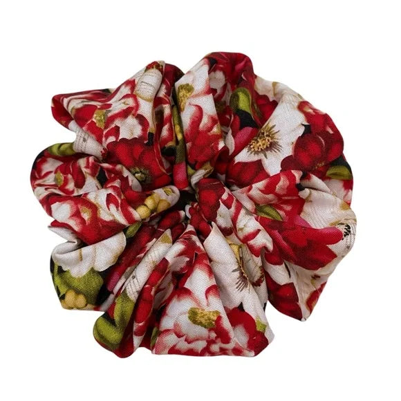 Medium Red Floral Cotton Scrunchie – 100% Cotton Hair Accessory for Ponytails & Buns