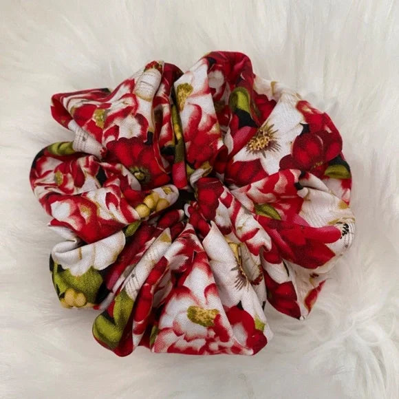 Medium Red Floral Cotton Scrunchie – 100% Cotton Hair Accessory for Ponytails & Buns