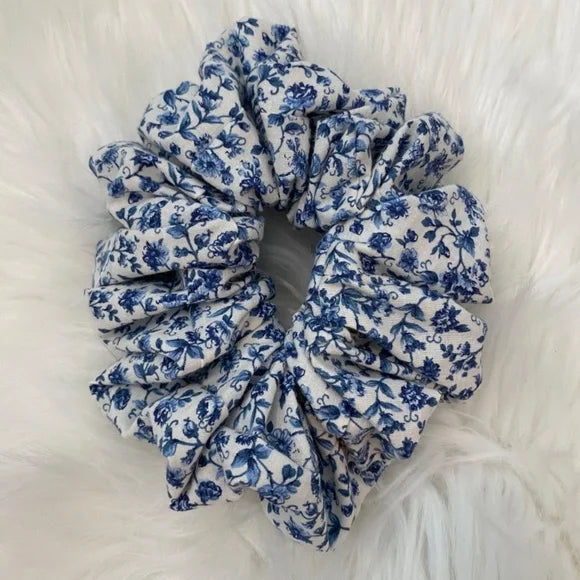 Medium Blue Floral Cotton Scrunchie – 100% Cotton Hair Accessory for Ponytails & Buns. Blue and White.