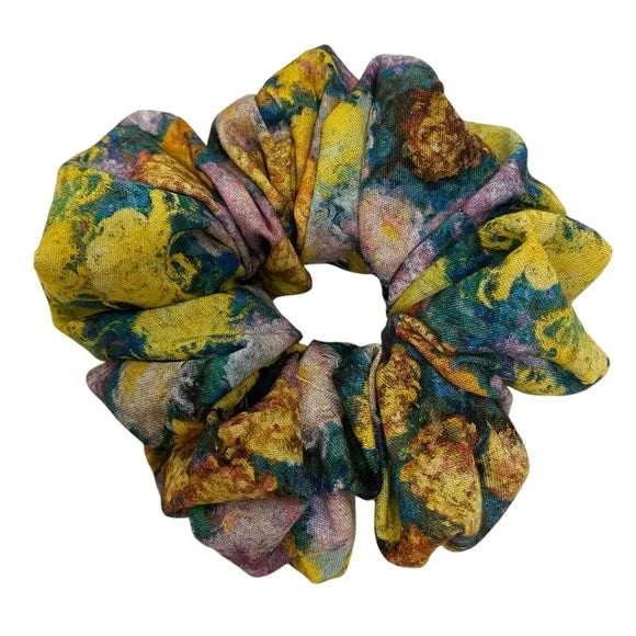 Medium Garden Flower Painting Cotton Scrunchie – Medium Size 100% Cotton Hair Accessory for Thick Hair, Ponytails & Buns