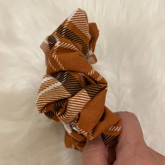 Plaid Hair Scrunchie. Caramel Brown Multi. Medium