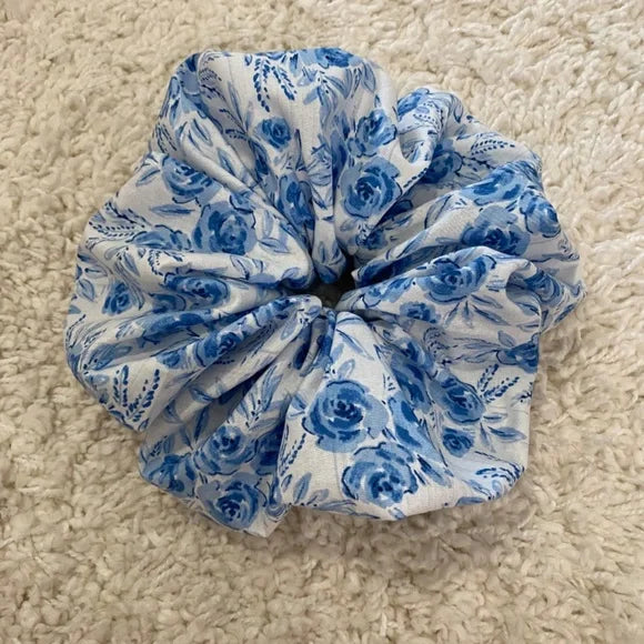 XL Blue Floral Cotton Scrunchie – Extra Large 100% Cotton Hair Accessory for Thick Hair, Ponytails & Buns