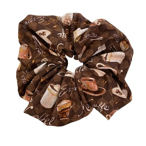 XL Coffee Lover’s Cotton Scrunchie – Extra Large 100% Cotton Hair Accessory with Espresso Print