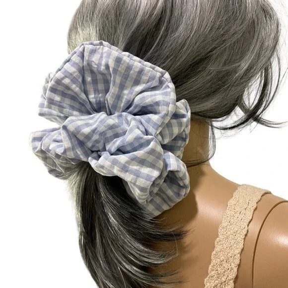 XL Blue and White Gingham Cotton Scrunchie – Extra Large 100% Cotton Hair Accessory for Ponytails & Buns