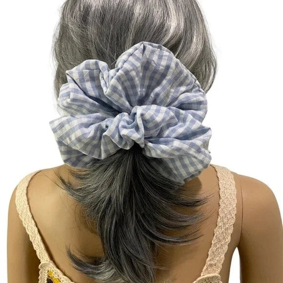 XL Blue and White Gingham Cotton Scrunchie – Extra Large 100% Cotton Hair Accessory for Ponytails & Buns