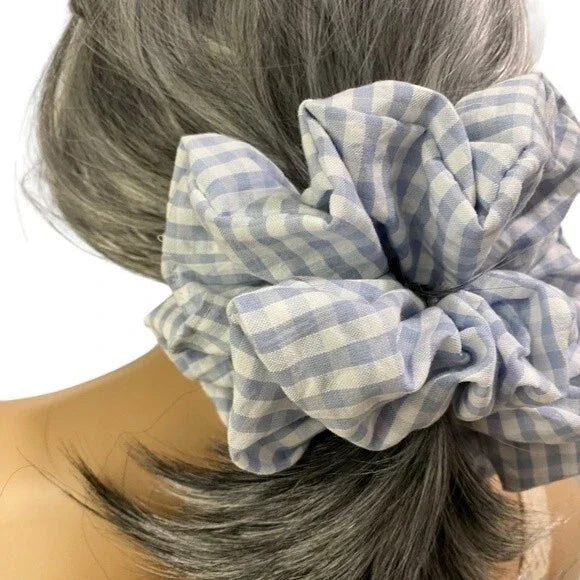 XL Blue and White Gingham Cotton Scrunchie – Extra Large 100% Cotton Hair Accessory for Ponytails & Buns
