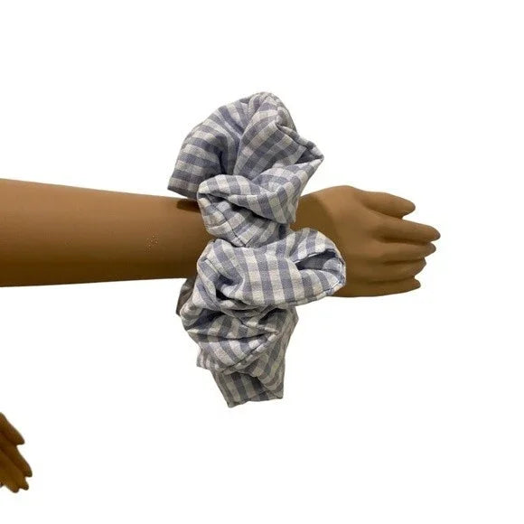 XL Blue and White Gingham Cotton Scrunchie – Extra Large 100% Cotton Hair Accessory for Ponytails & Buns