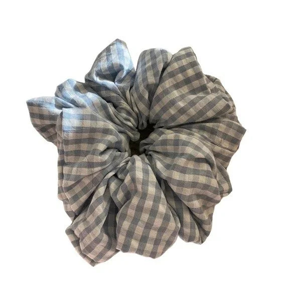 XL Blue and White Gingham Cotton Scrunchie – Extra Large 100% Cotton Hair Accessory for Ponytails & Buns