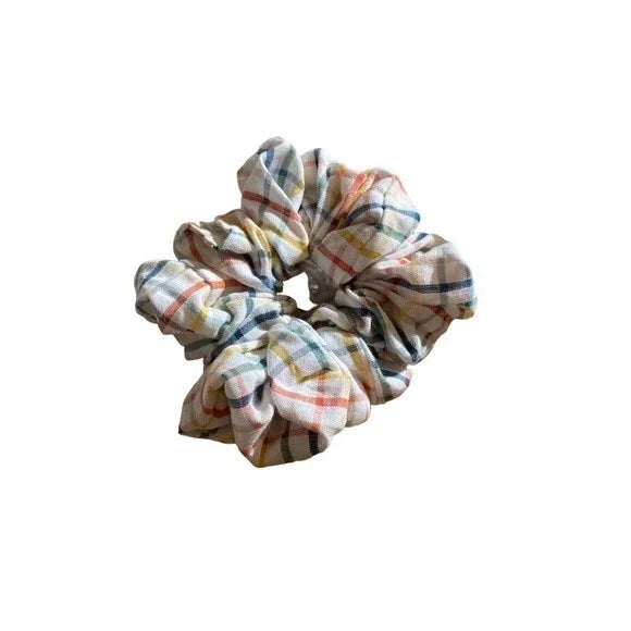 Small Pastel Plaid Cotton Scrunchie – 100% Cotton Hair Accessory for Ponytails & Buns