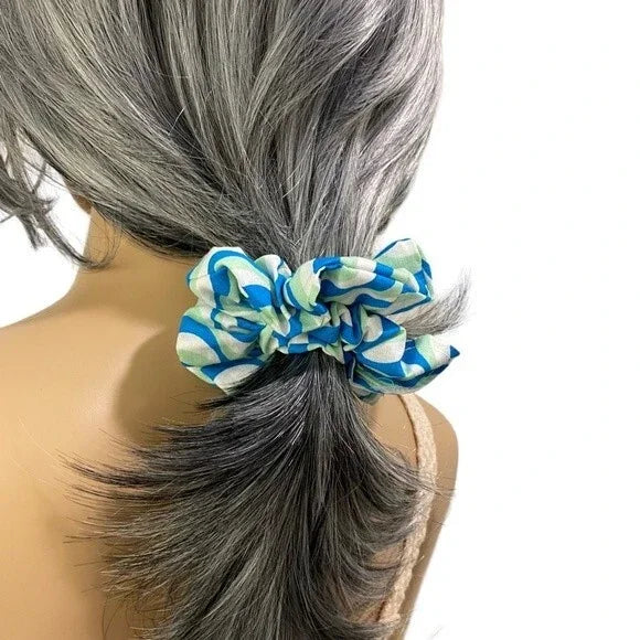 Blue and White Patterned Hair Scrunchie. Small (Mini).