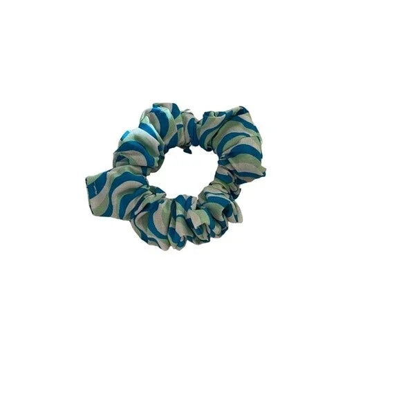 Blue and White Patterned Hair Scrunchie. Small (Mini).