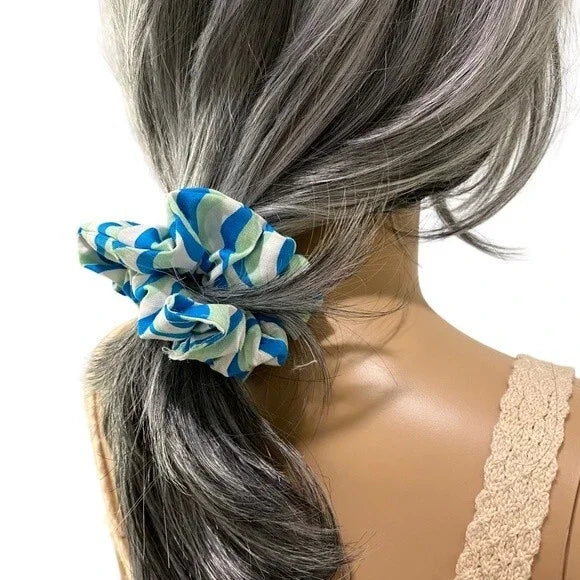 Blue and White Patterned Hair Scrunchie. Small (Mini).