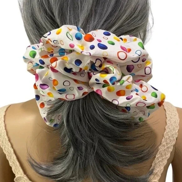 XL Rainbow Bubbles Print Cotton Scrunchie – Extra Large 100% Cotton Hair Accessory for Thick Hair, Ponytails & Buns