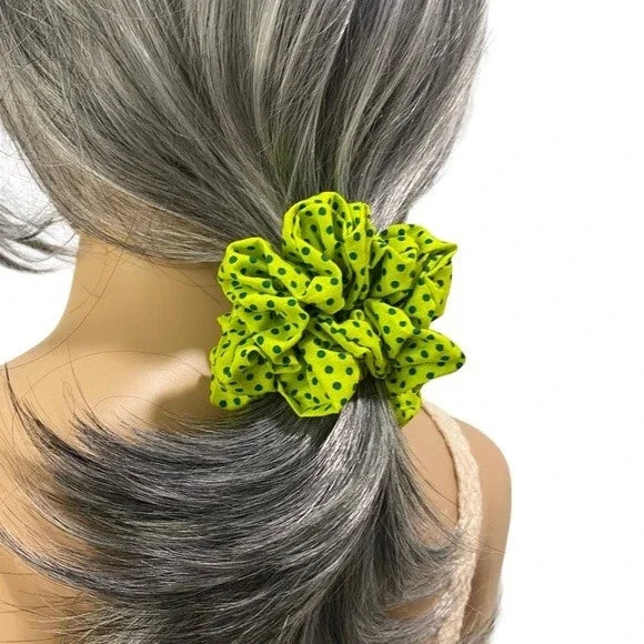 Small Green Polka Dot Cotton Scrunchie – 100% Cotton Hair Accessory for Ponytails & Buns