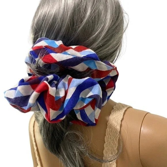 XXL Geometric Red, Blue & White Scrunchie – Extra Large 90% Polyester 10% Cotton Hair Accessory