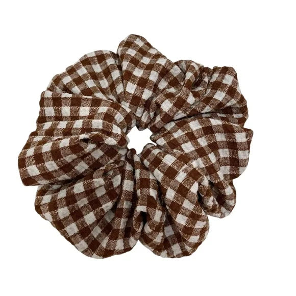 Hair Scrunchie. Gingham Print. Brown/White. XL