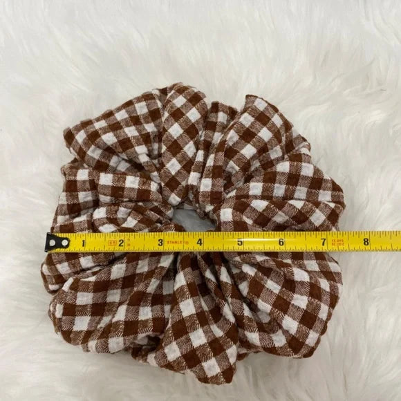 Hair Scrunchie. Gingham Print. Brown/White. XL