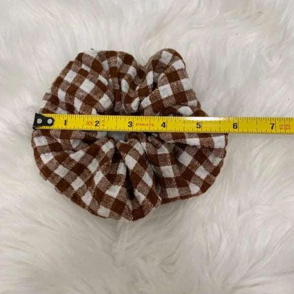 Medium Brown Gingham Scrunchie – 96% Polyester & 4% Spandex Hair Accessory for Ponytails & Buns