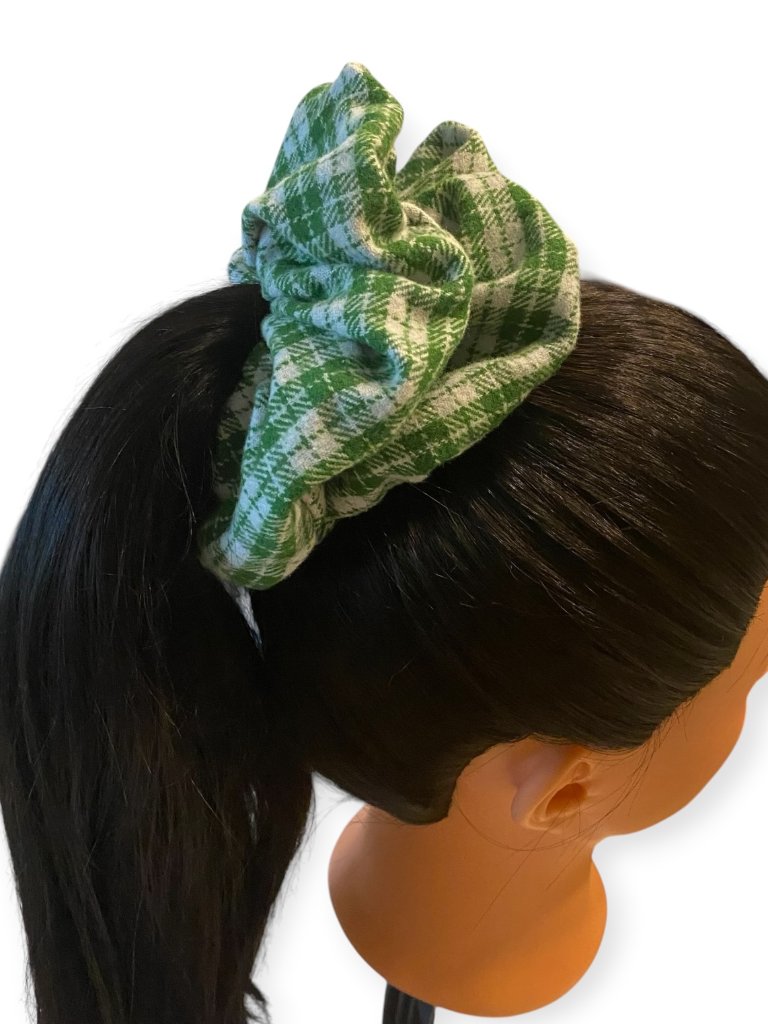 Handmade Green Gingham Cotton Hair Scrunchie - Medium