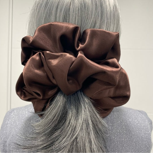 Poly Satin Hair Scrunchie. Dark Brown. XL.