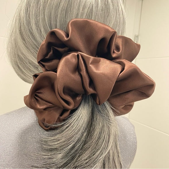 Poly Satin Hair Scrunchie. Dark Brown. XL.