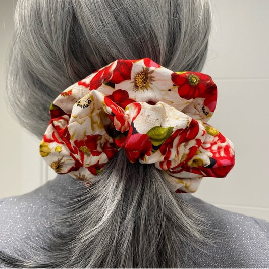 Medium Red Floral Cotton Scrunchie – 100% Cotton Hair Accessory for Ponytails & Buns
