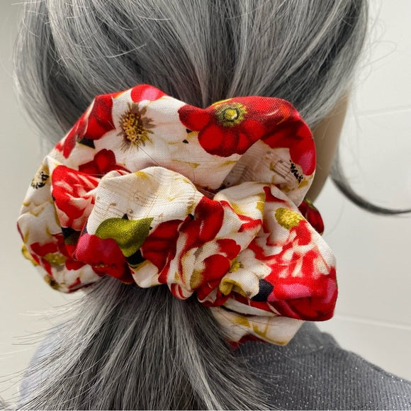 Medium Red Floral Cotton Scrunchie – 100% Cotton Hair Accessory for Ponytails & Buns