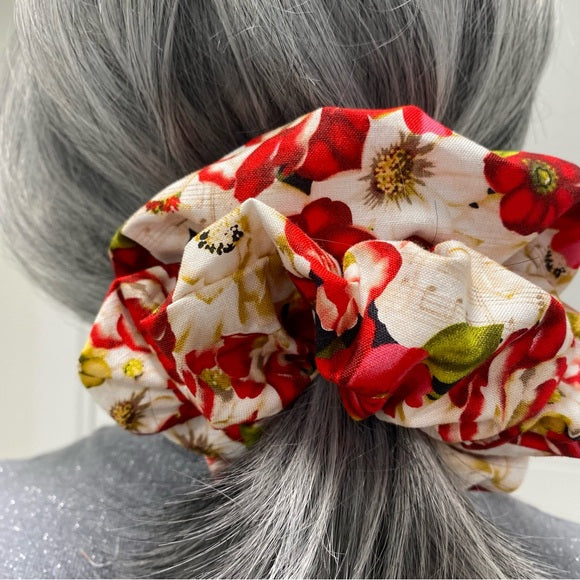 Medium Red Floral Cotton Scrunchie – 100% Cotton Hair Accessory for Ponytails & Buns