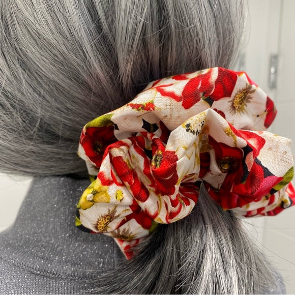 Medium Red Floral Cotton Scrunchie – 100% Cotton Hair Accessory for Ponytails & Buns