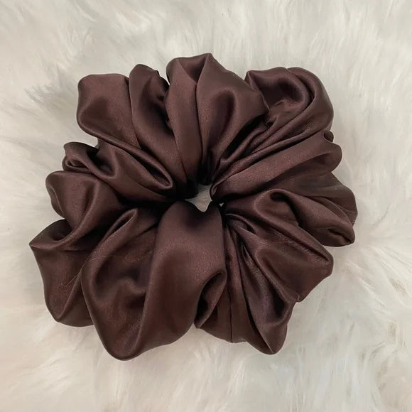 Poly Satin Hair Scrunchie. Dark Brown. XL.