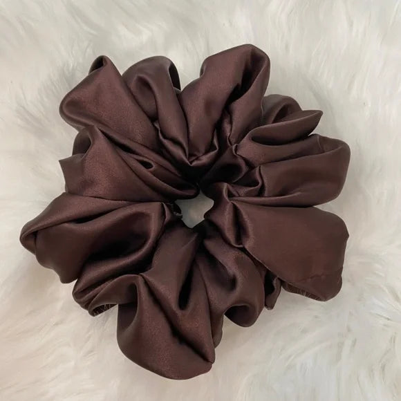 Poly Satin Hair Scrunchie. Dark Brown. XL.