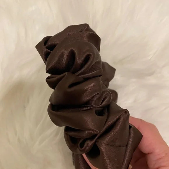 Poly Satin Hair Scrunchie. Dark Brown. Medium