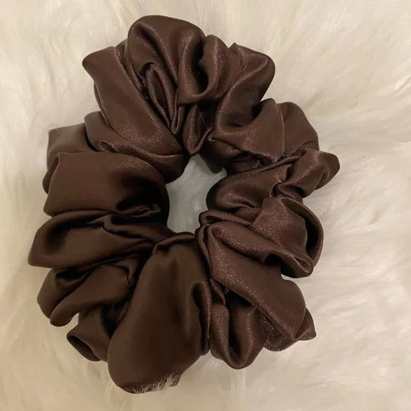 Poly Satin Hair Scrunchie. Dark Brown. Medium