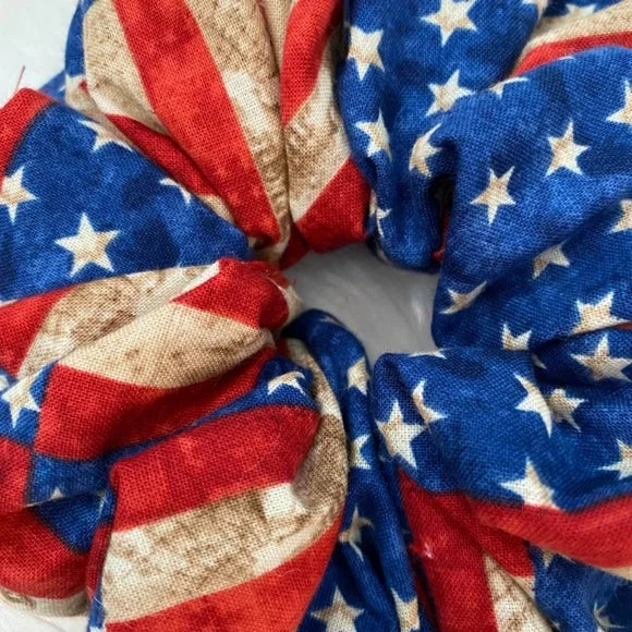 Patriotic Hair Scrunchie. Rustic USA Flag Print. Multicolor. Medium