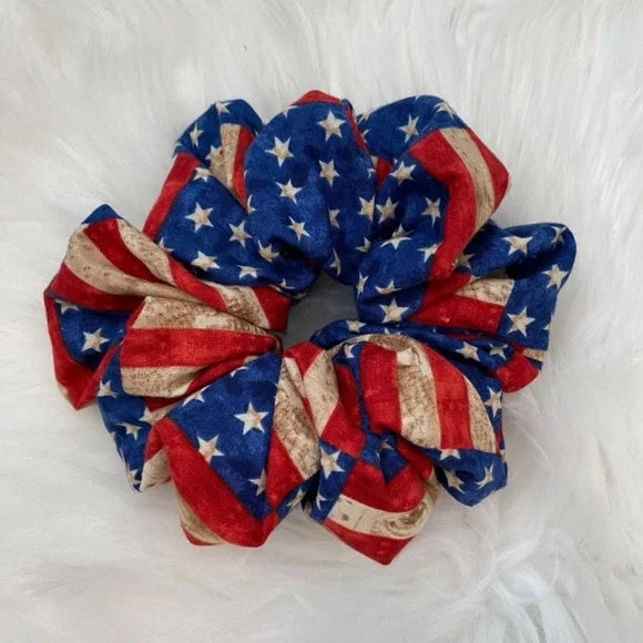 Patriotic Hair Scrunchie. Rustic USA Flag Print. Multicolor. Medium