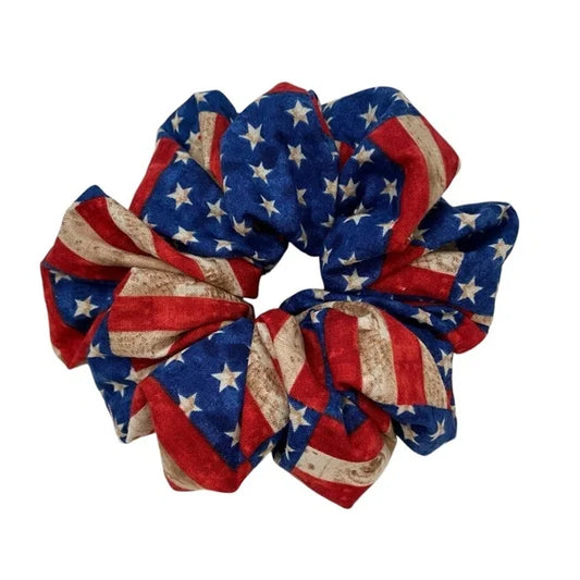 Patriotic Hair Scrunchie. Rustic USA Flag Print. Multicolor. Medium