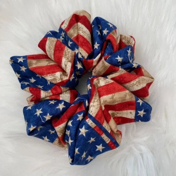 Patriotic Hair Scrunchie. Rustic USA Flag Print. Multicolor. Medium