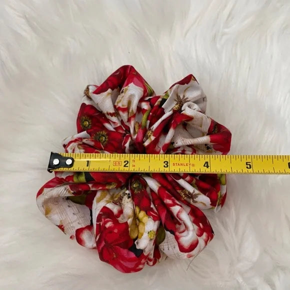 Medium Red Floral Cotton Scrunchie – 100% Cotton Hair Accessory for Ponytails & Buns
