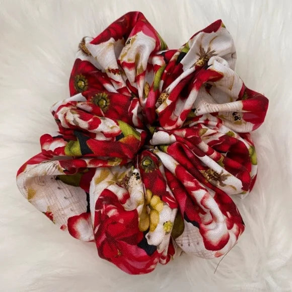 Medium Red Floral Cotton Scrunchie – 100% Cotton Hair Accessory for Ponytails & Buns