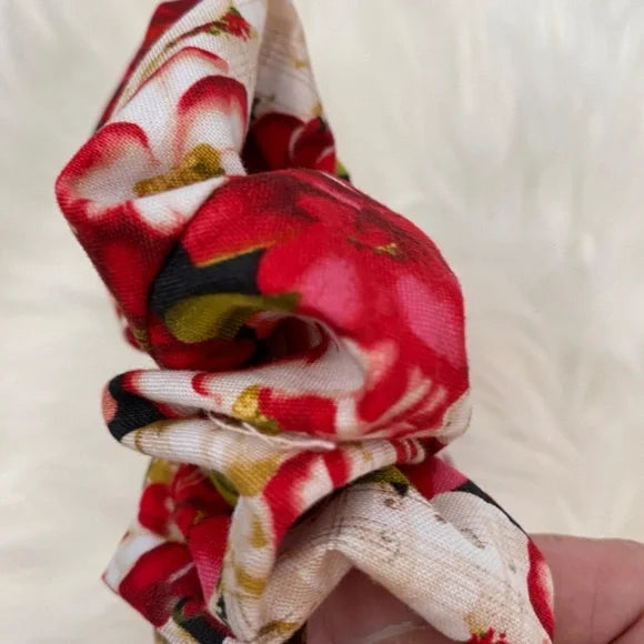 Medium Red Floral Cotton Scrunchie – 100% Cotton Hair Accessory for Ponytails & Buns