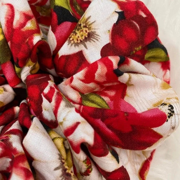 Medium Red Floral Cotton Scrunchie – 100% Cotton Hair Accessory for Ponytails & Buns