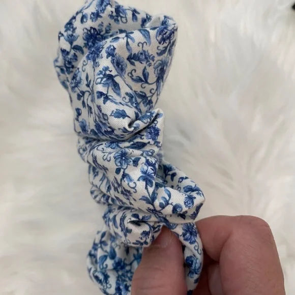 Medium Blue Floral Cotton Scrunchie – 100% Cotton Hair Accessory for Ponytails & Buns. Blue and White.