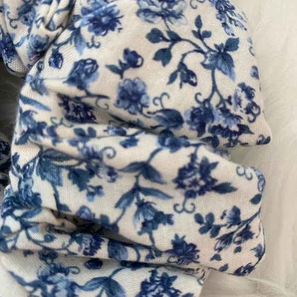 Medium Blue Floral Cotton Scrunchie – 100% Cotton Hair Accessory for Ponytails & Buns. Blue and White.