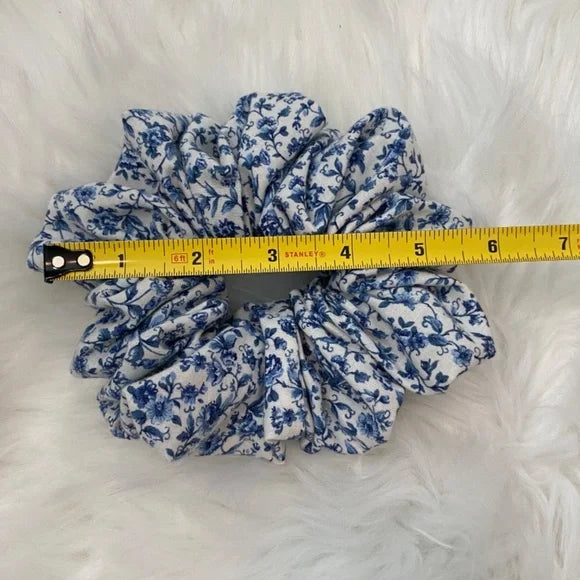 Medium Blue Floral Cotton Scrunchie – 100% Cotton Hair Accessory for Ponytails & Buns. Blue and White.