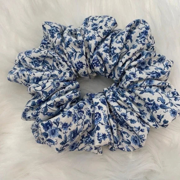 Medium Blue Floral Cotton Scrunchie – 100% Cotton Hair Accessory for Ponytails & Buns. Blue and White.