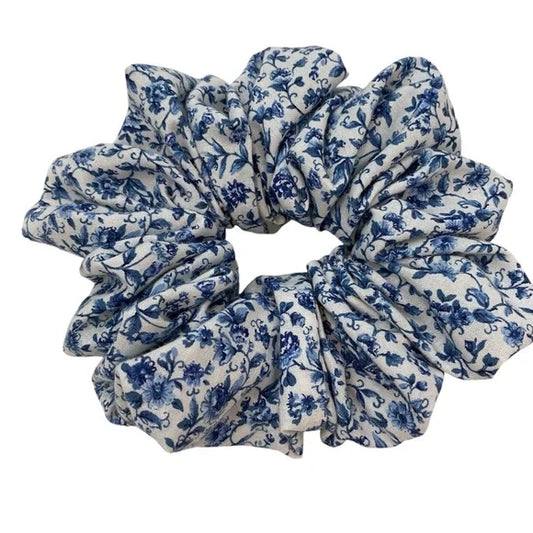 Medium Blue Floral Cotton Scrunchie – 100% Cotton Hair Accessory for Ponytails & Buns. Blue and White.